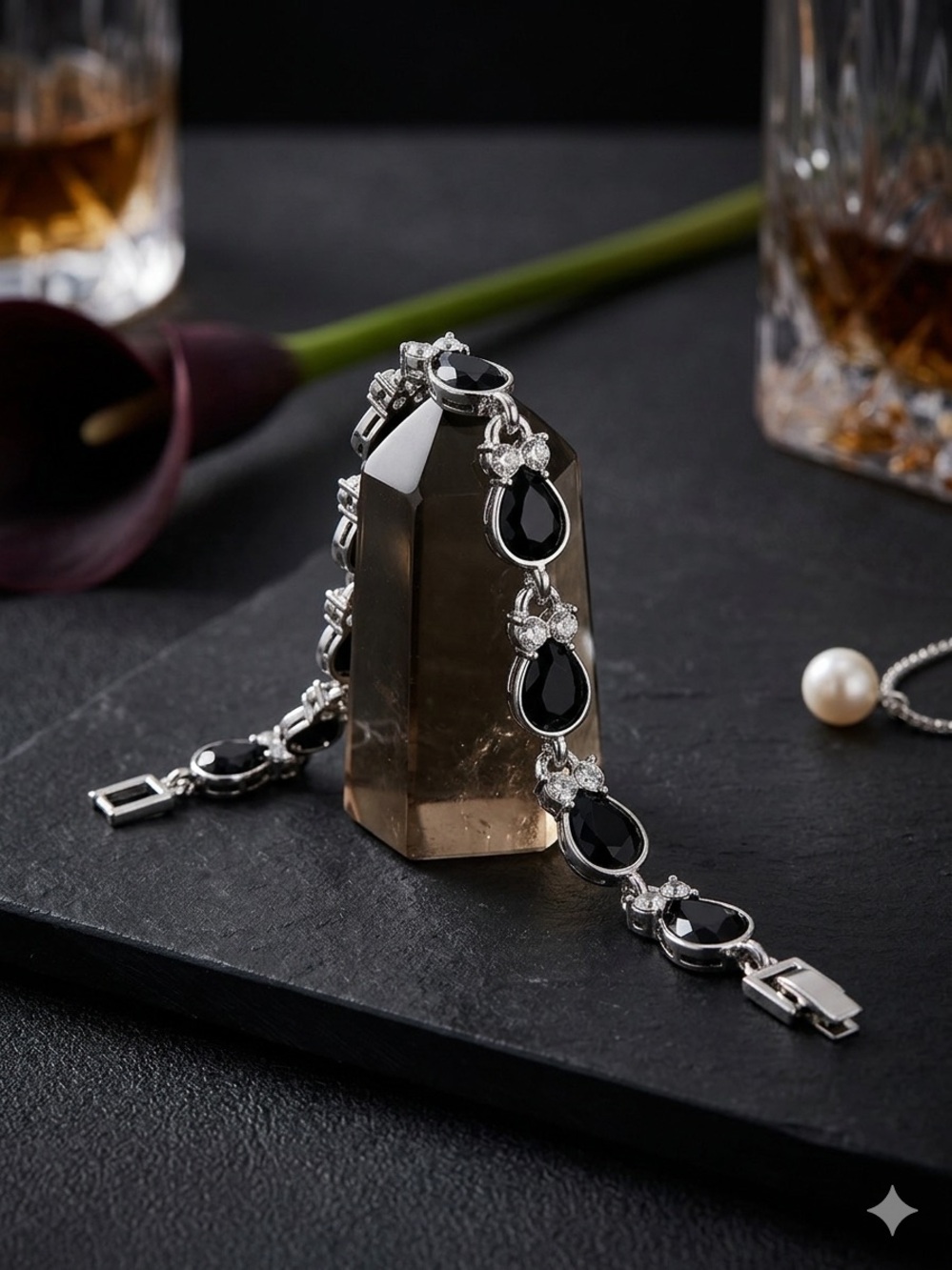 14k White Gold - Filled Black Teardrop Bracelet